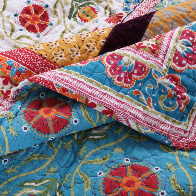 Thalia Full Blue Cotton Reversible Quilt Set with Embroidery