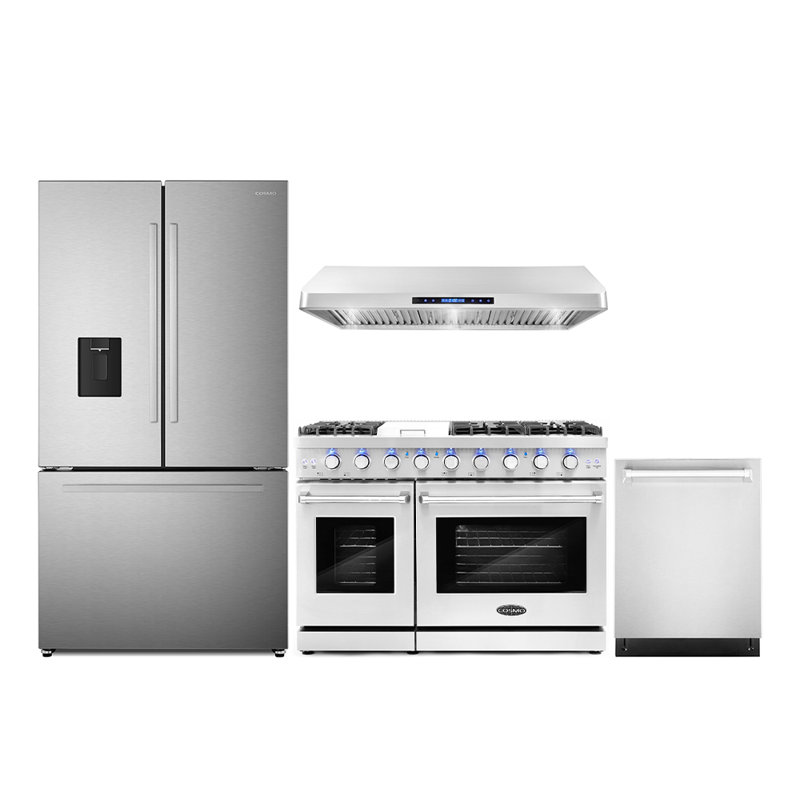 Cosmo 4 Piece Kitchen Appliance Package with French Door Refrigerator 48'' Gas Freestanding Gas Built-In Under Cabinet Range Hood