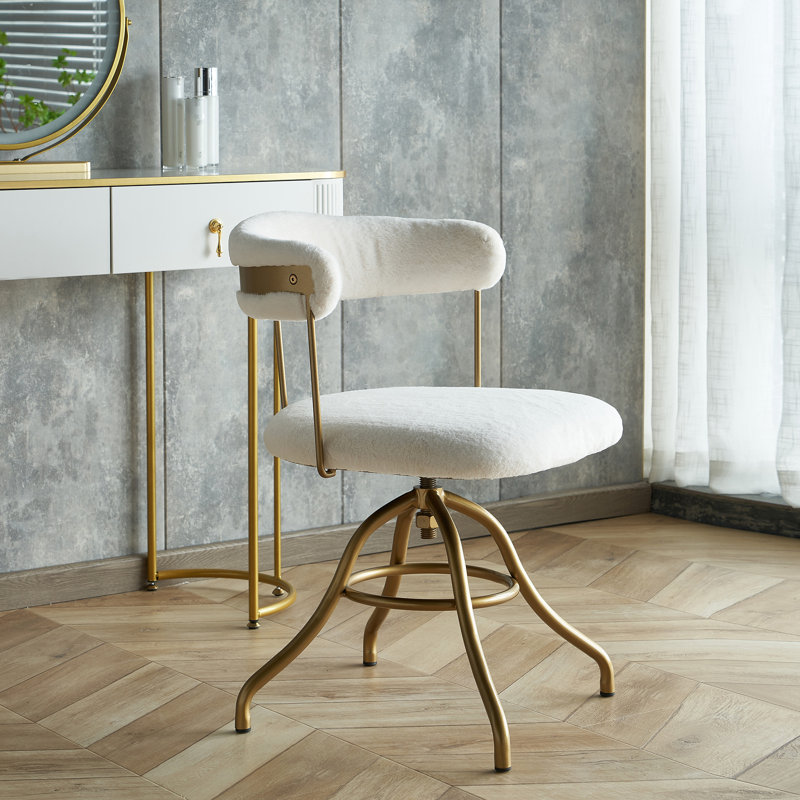 Milahni Faux Fur Gold Metal Frame Vanity Chair Swivel Task Chair, White
