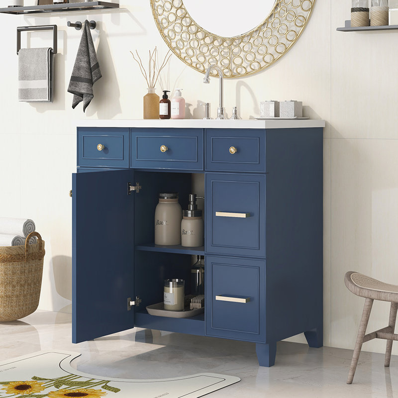Ensemble de meuble-lavabo simple 36,01 po avec plateau en bois massif Rahem, Bleu marine