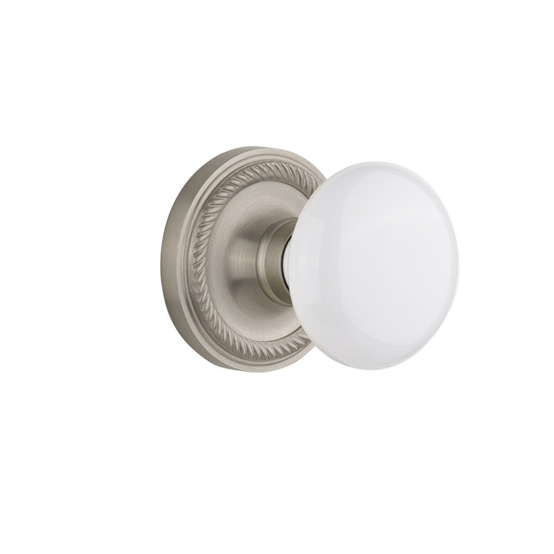 Rope Rosette with White Porcelain Door Knob, Satin Nickel, 2-3/4”