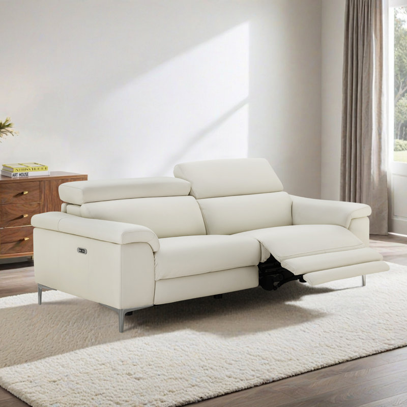 Jefferson Genuine Leather Power Reclining Sofa with Metal Legs, Ivory