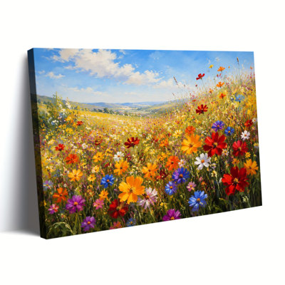 «Vibrant Multicolor Wildflower Meadow Landscape», reproduction d'art sur toile tendue avec ciel bleu vif et Rolling Hills