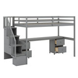 Loft Bed Frame With Built-In Desk And Double Storage Drawers