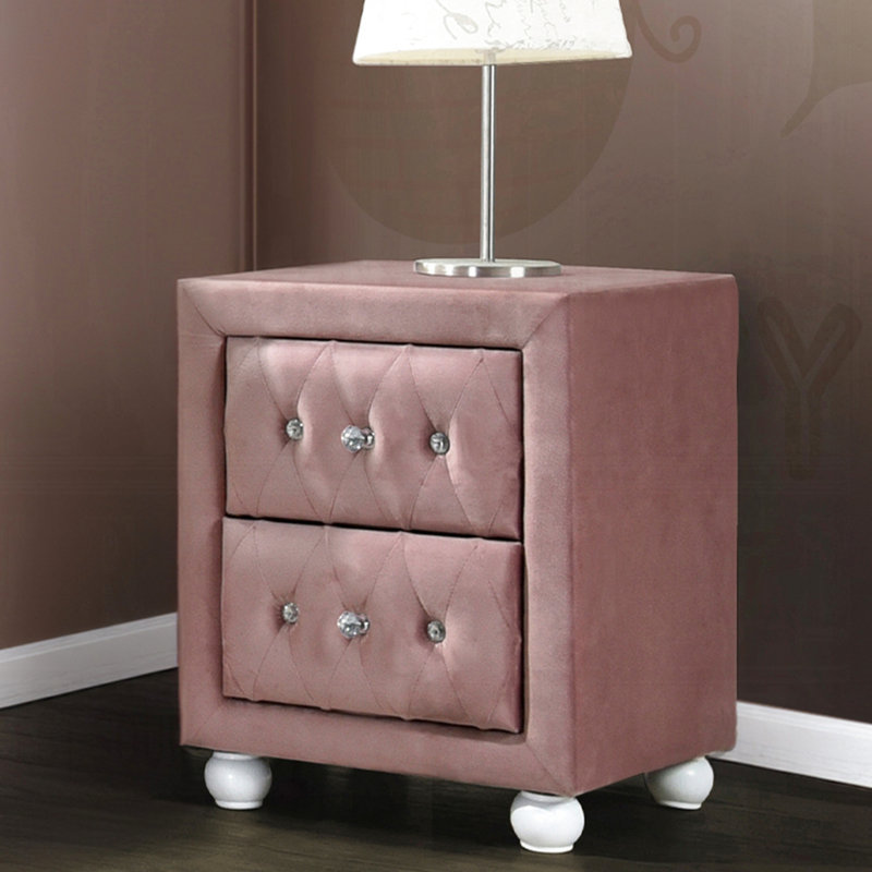 Table de chevet 2 pièces en tissu rose - Panneau de particules, poignées, 2 tiroirs latéraux en métal, butée, bois d'ingénierie