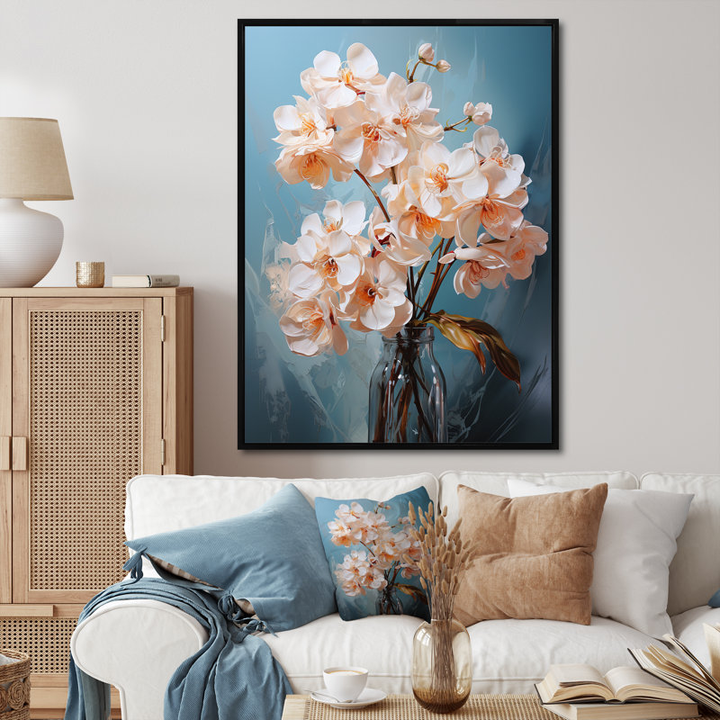 «Peach Blue Orchids», impression romantique sur toile, Cadre flottant noir, H 40 po x l 30 po x P 1,5 po