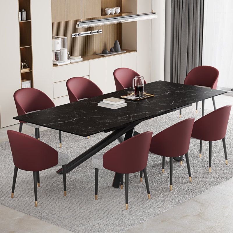 Ensemble de table de salle à manger extensible 102 po avec table en pierre frittée et 8 chaises en similicuir, Noir