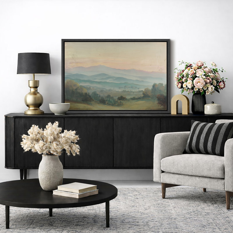 «Pastel Mountain Landscape», chambre à coucher, impression sur toile encadrée, impression sur toile, Cadre noir