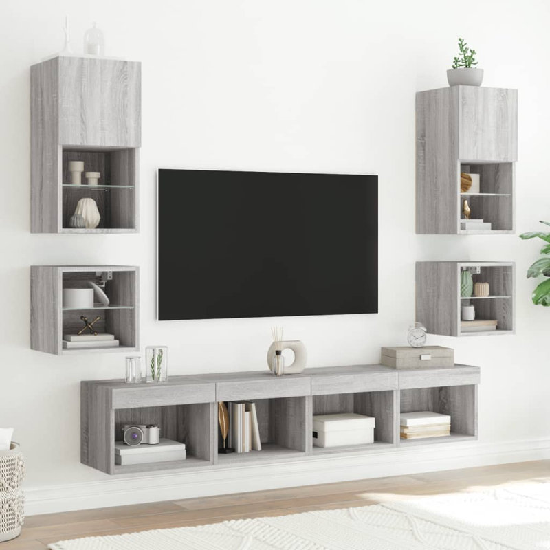 8 Piece TV Wall Units With LED Engineered Wood, Grey Sonoma