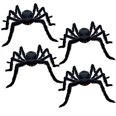 4 Packs 35"  Halloween Giant Spiders Outdoor Decor, Large Black Hairy Spider Set, Realistic Creepy Prop for Yard Lawn Haunted House Indoor/Outdoor