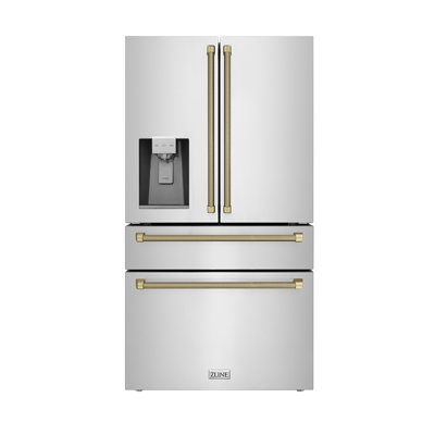 ZLINE Autograph 36 in. Stainless Counter-Depth Fridge w/ Water Dispenser & Gold Helix Handles