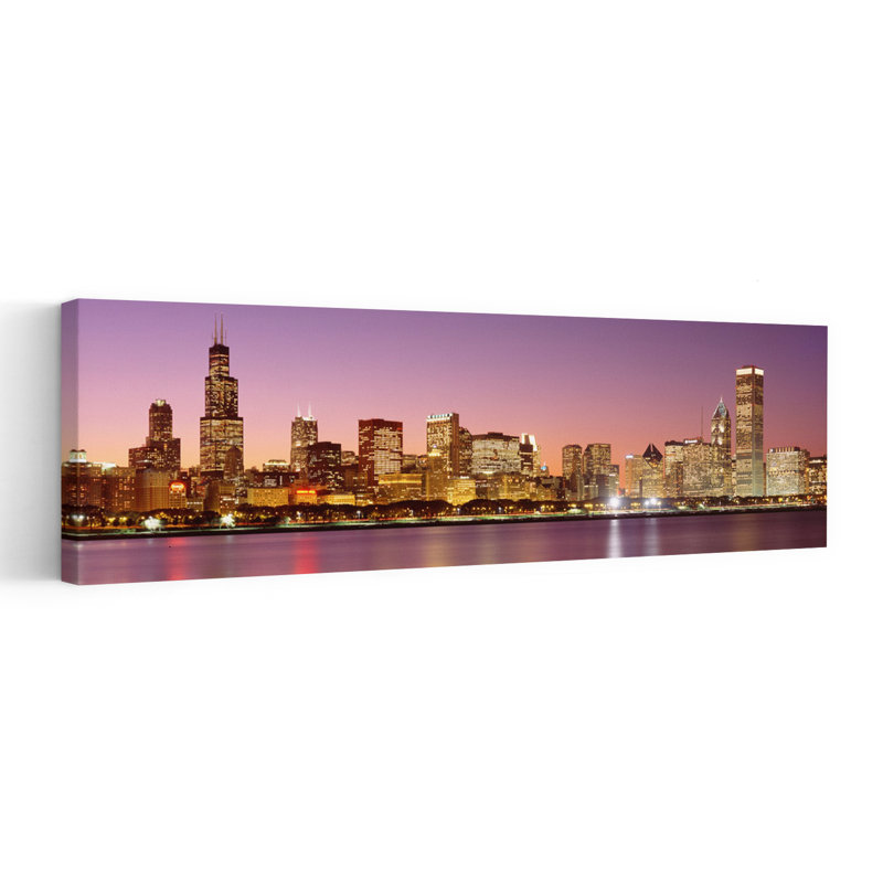 City skyline at Dusk Chicago IL USA 1 Piece Wrapped Canvas Panoramic Wall Art, 50.8 cm H x 152.4 cm W