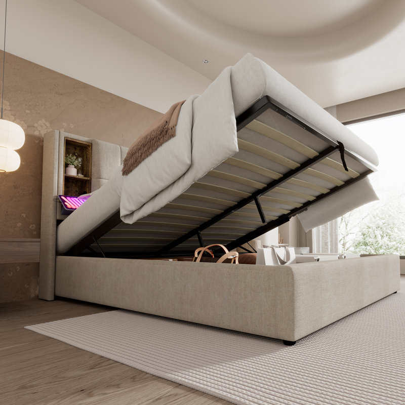 Upholstered Ottoman Storage Bed, Natural