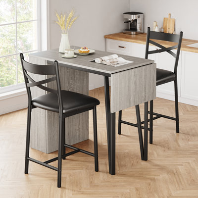 Extendable Bar Table and Chairs Set, 3 Piece Bar Table Set with Storage Shelves, Dining Table Set for 2 Suitable for Small Space Kitchen Apartment, Grey