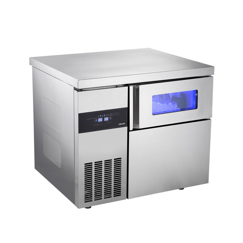 Machine à glaçons commerciale, machine à glaçons en acier inoxydable de 265 lb / 24H avec plan de travail, 66 lb de rangement et 126 cubes / cycle, fabrication de glaçons autonettoyante autoportante pour la cuisine du bar, de la maison et du restaurant