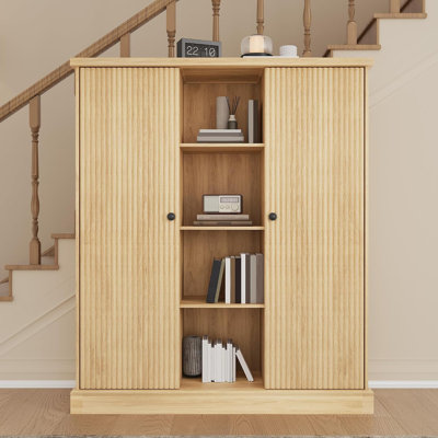 6-Tier Tall Shoe Cabinet with Doors, Adjustable Shelf, Fluted Wood Organizer, Natural Oak