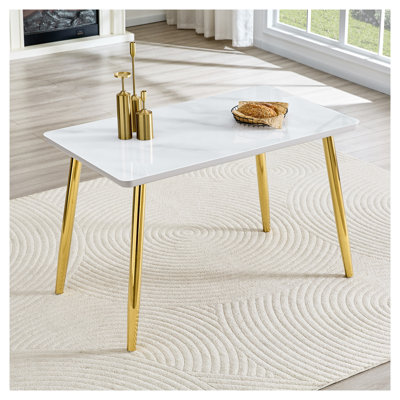 Table de salle à manger moderne en faux marbre avec pieds dorés - Table de cuisine rectangulaire en verre trempé