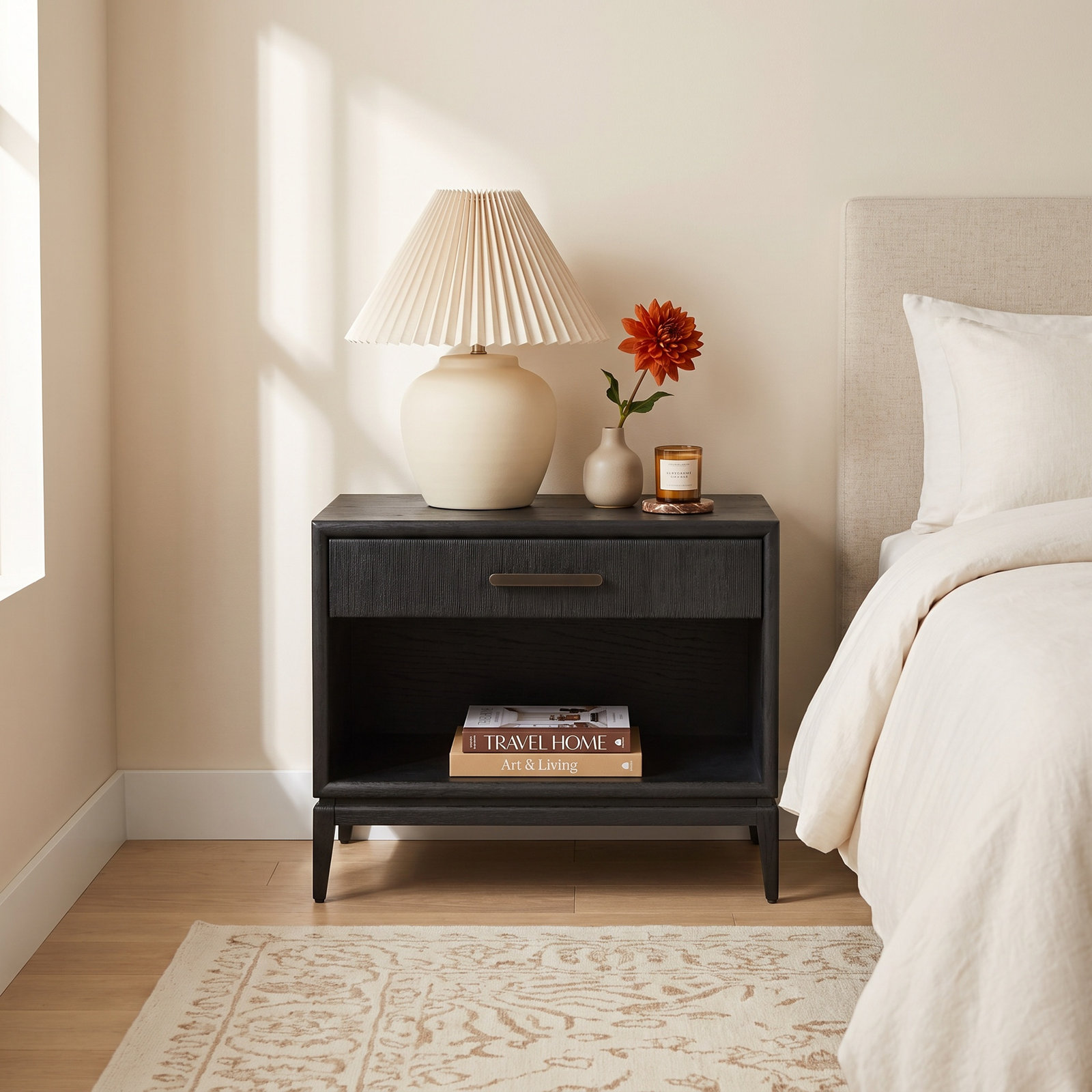 1-Drawer Open Oak Nightstand, Black