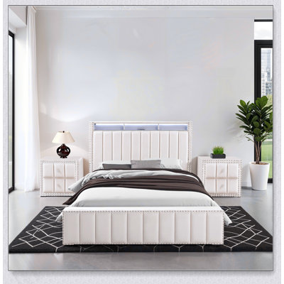 Tête de lit cloutée contemporaine en tissu de rangement pour lit à DEL avec 1 étagère Glam