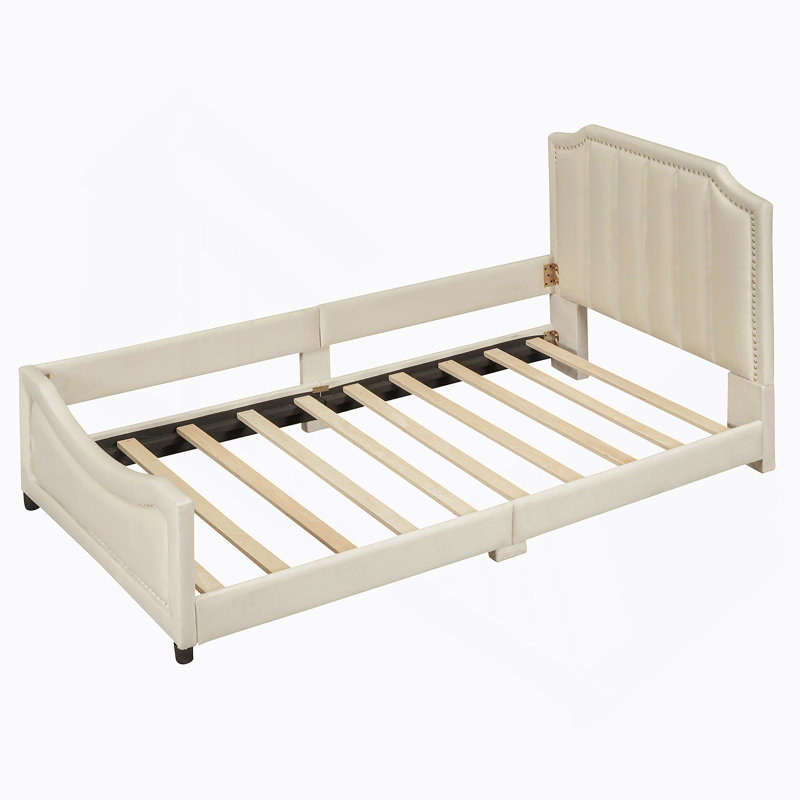 Lit de jour rembourré avec tête de lit à rayures classique, Beige