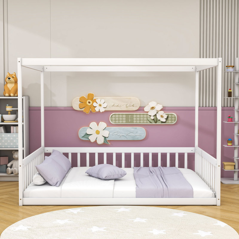 Lit à baldaquin en bois luxueux avec garde-corps, Double, Blanc