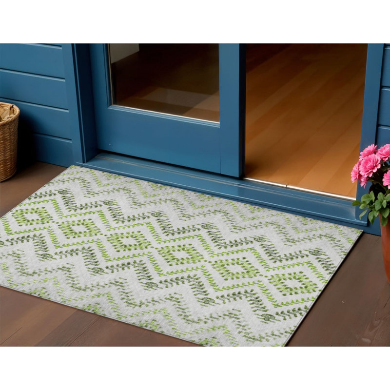 Tapis extérieur lavable à motif géométrique vert ivoire et gris 3 pi x 5 pi