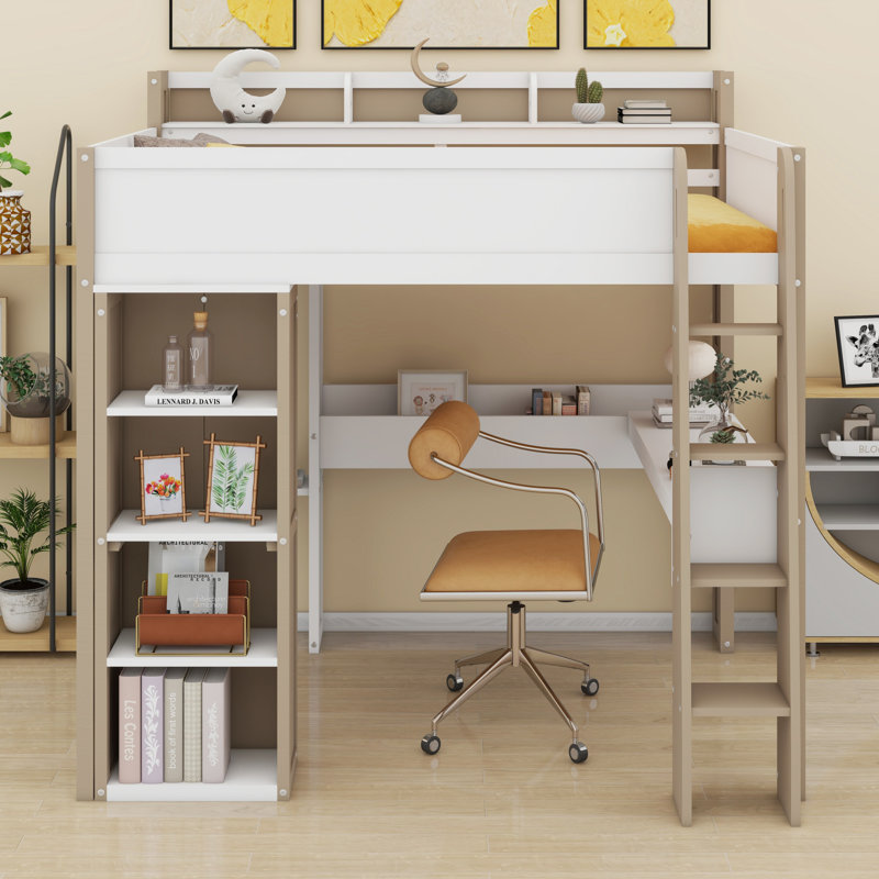 Wood Loft Bed With Storage Shelves, Clothes Rails And Desk, White/Natural