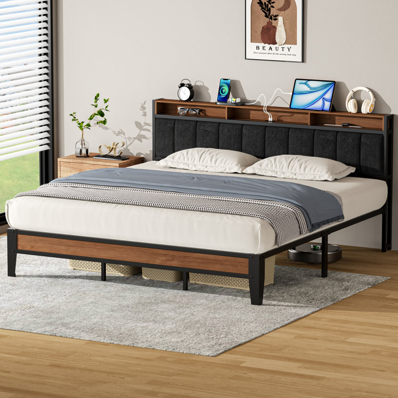 Upholstered Bed Frame with Charging Station and Storage Headboard, Black, King