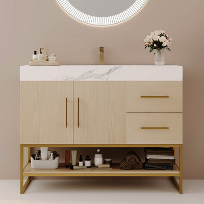 Meuble-lavabo moderne de 36 po avec lavabo en céramique sans soudure et base en acier orné, ensemble de bonde tout-en-un, facile à nettoyer