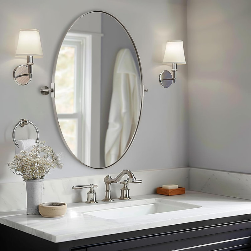  Miroir de salle de bain mural inclinable | Cadre pivotant réglable en acier inoxydable, Chrome poli, 36 po x 24 po