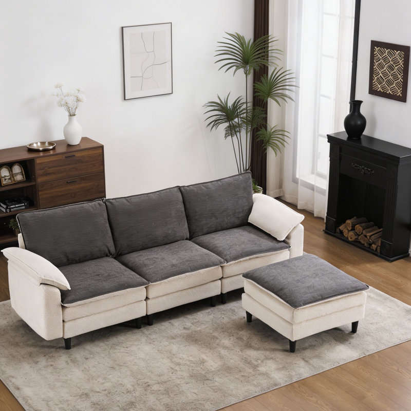 This Medium-Sized  White L-Shaped Cloud Sofa Features Modular Design And Comes With An Ottoman. It Has Thick Chenille Seat And Back Cushions,   For Living Rooms, Bedrooms And Apartments.