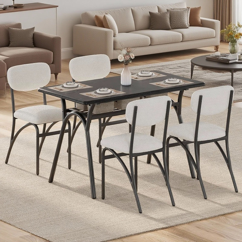 Ensemble de table de salle à manger pour 4, avec 4 chaises à boucles et support de rangement, Noir, Beige