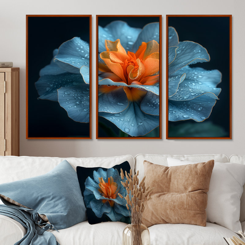 Ensemble de décorations murales délicates orange et bleu, Toile avec cadre flottant brun, H 40 po x l 60 po x P 1 po