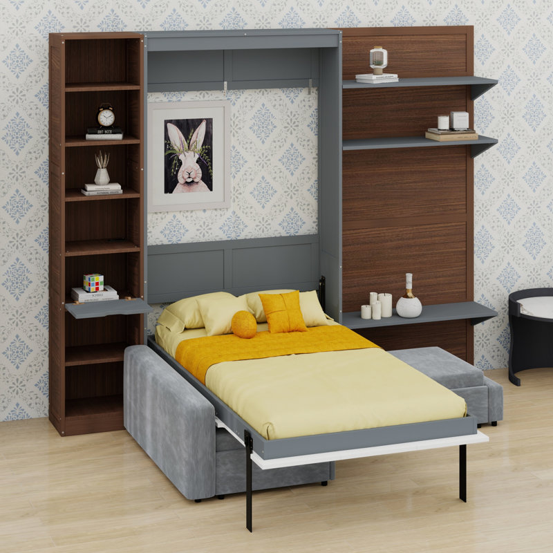 Lit escamotable avec armoire de rangement, tablettes ouvertes, façade de canapé et port USB pour un gain d'espace au sol.