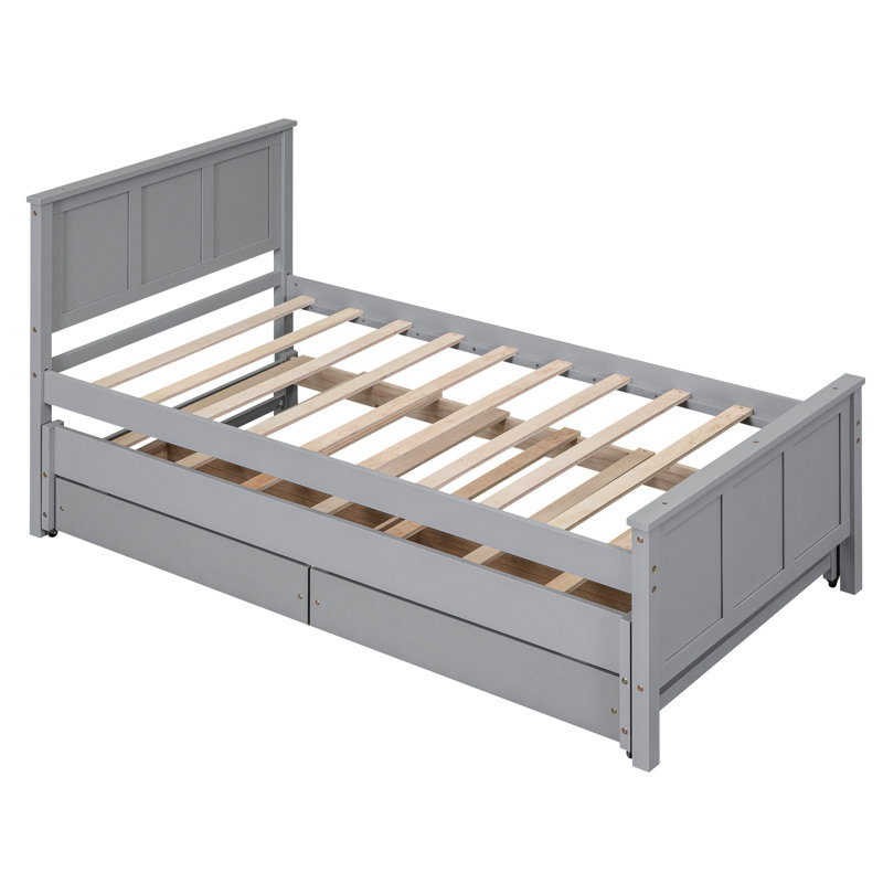 Lit plateforme simple avec lit gigogne et tiroir, fabrication en pin gris, créer un espace de rangement élégant et fonctionnel, maximiser l'attrait