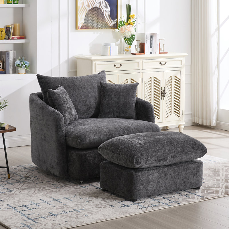 Fauteuil d'appoint pivotant surdimensionné rembourré avec repose-pieds, Tissu gris foncé