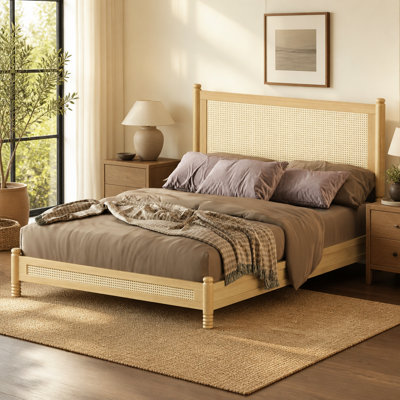 Full Size Rattan Bed Frame with Headboard and Footboard, Bohemia Wood Bed Frame with Turned Legs, Woven Cane Platform Bed, No Box Spring Needed, Easy Assembly, Natural