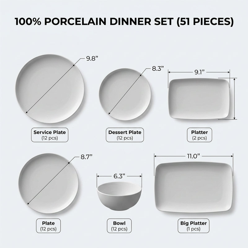 Service de table en porcelaine à plis Artisan (service de 51 pièces pour 12 personnes)