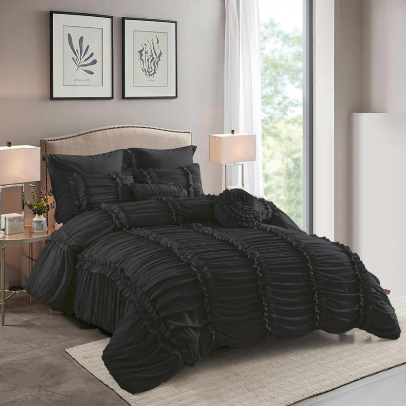 7 Piece Brushed Microfiber Plain Weave Comforter Bedding Set With Accent Pillows, King Comforter + 6 Additional Pieces, Black