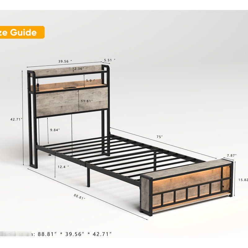 Structure de lit simple, tête de lit à DEL, fonctionnalité de rangement, orifices de chargement, stable et espace d'assemblage facile, fabrication solide,