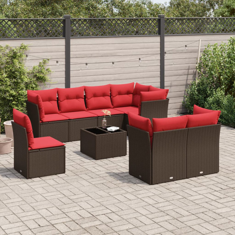 Ensemble de canapé de patio 9 pièces avec coussins en rotin de polyester, Rouge, Brun