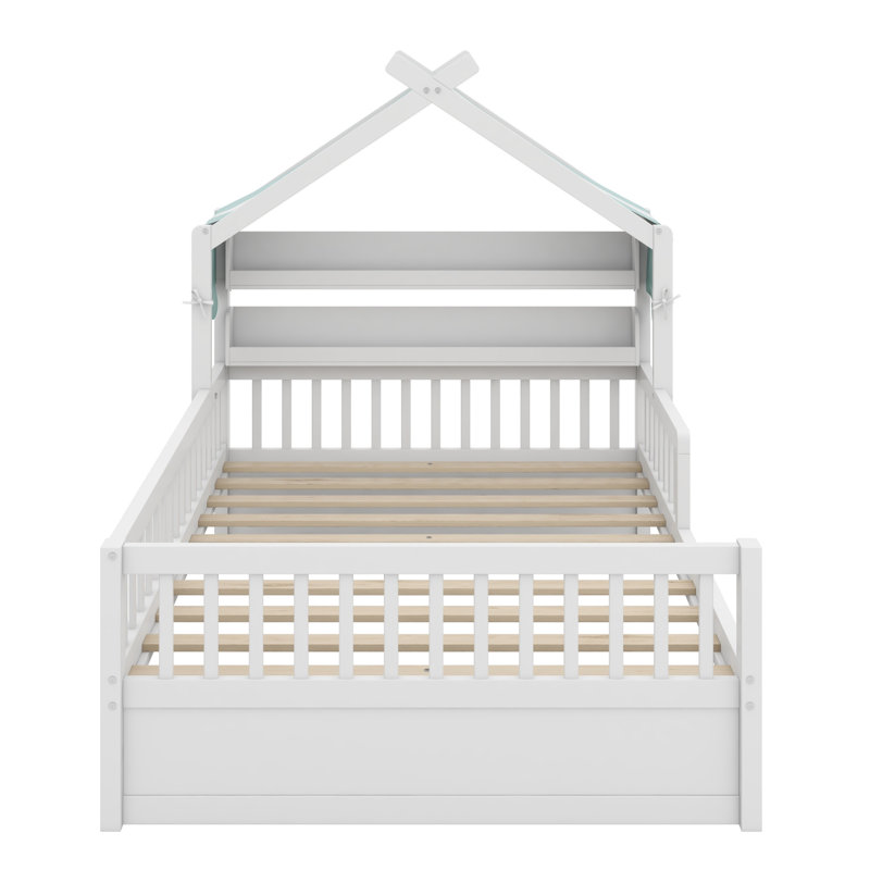 Lit en bois en forme de maison avec tablette de rangement pour tête de lit, Lit simple, Blanc