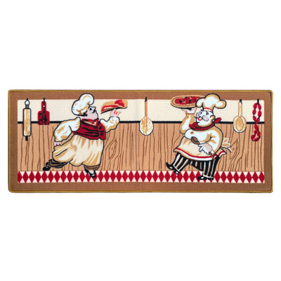 Beige Chef Washable Kitchen Runner Mat With Non-Slip Backing - 20"X55"