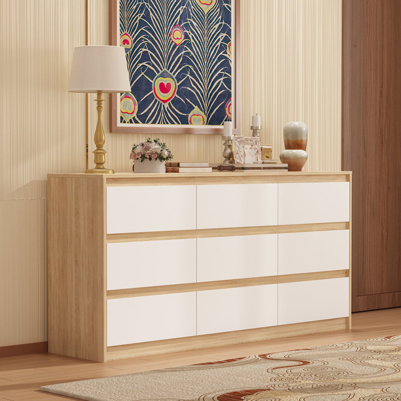 Commode 9 tiroirs, commode en bois 9 tiroirs, Blanc / bois