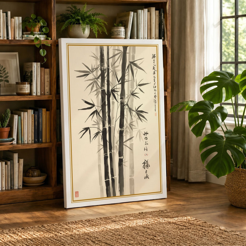 Bamboo in Black Ink Japandi - Wrapped Canvas, 24x16 - 61.0 x 40.6 cm, Sage Border