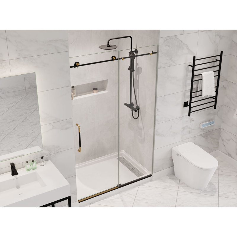 ANZZI Madam Series 76 In. H X 48 In. W Frameless Sliding Shower Door In Matte Black And Brushed Gold