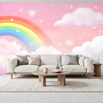 Papier peint adhésif Boho Rainbow Sky Starry Sky Soft Clouds Pink