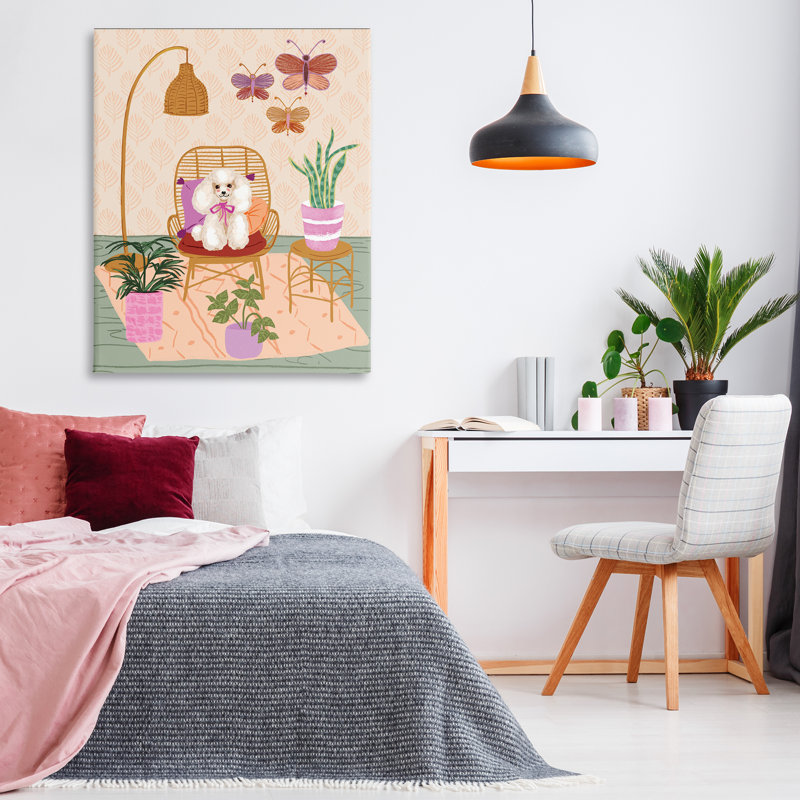 «Pup in Whimsical Living Space», art mural sur toile par Be Ni La, H 48 po x l 36 po