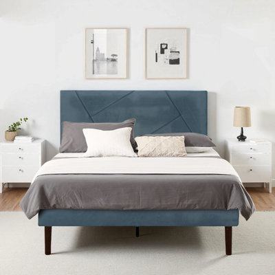Très grande base de lit tapissier en velours avec lattes en bois massif, lit plateforme robuste avec tête de lit pour la chambre à coucher