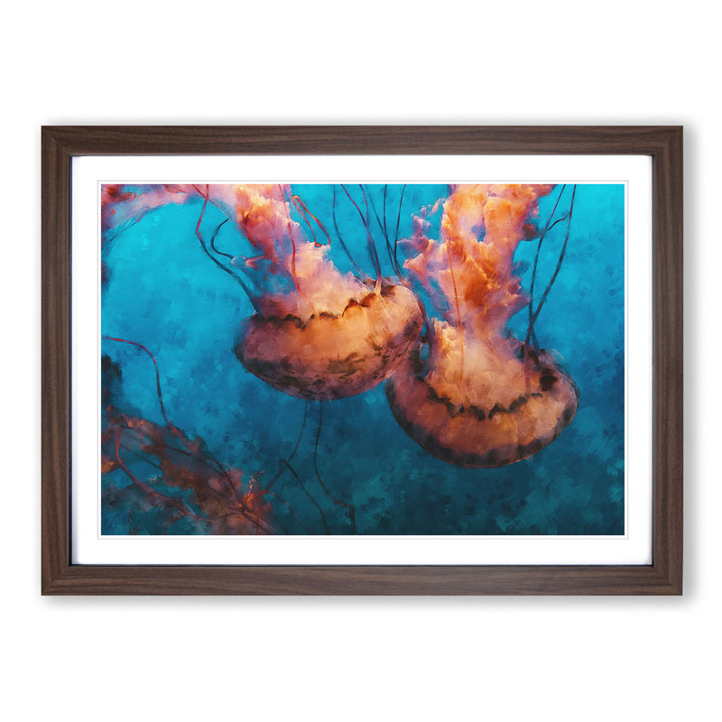 Pink Jellyfish - Picture Frame Painting Print, 24cm H x 33cm W x 2cm D, Walnut Framed